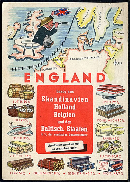 Verdenskrig 2. Udsultning af England. Tysk propagandakort u/no. Benyttet i Danmark 1940. Kvalitet 7
