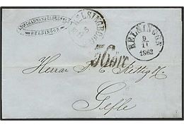 1862. Ufrankeret portobrev med antiqua stempel Helsingør d. 9.11.1862 via Helsingborg til Gefle, Sverige. Sort 36 öre lösen stempel.