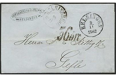 1862. Ufrankeret portobrev med antiqua stempel Helsingør d. 9.11.1862 via Helsingborg til Gefle, Sverige. Sort 36 öre lösen stempel.