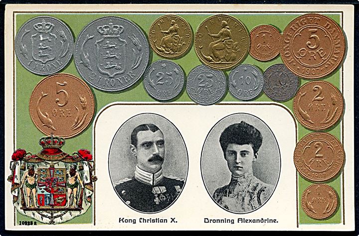 Møntkort. Kong Chr. X og Dr. Alexandrine, samt danske mønter. H. Chr. Petersen no. 9910. Kvalitet 7