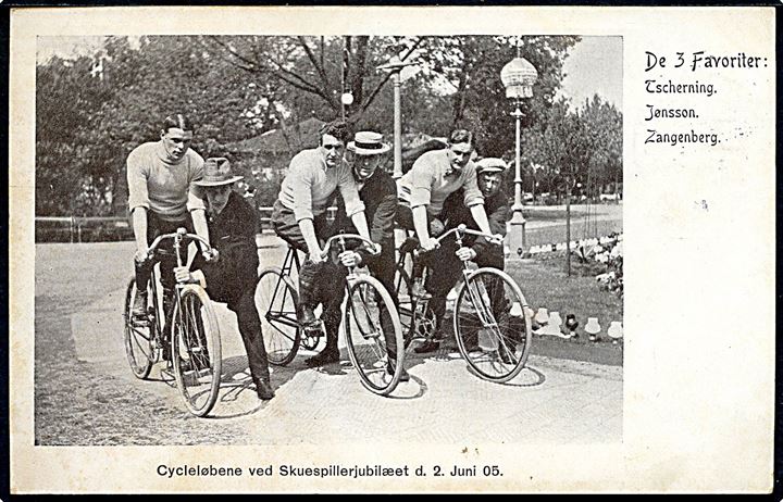 Sport. Cykelløb ved Skuespillerjubilæet. De 3 Favoritter: Tscherning, Jønsson og Zangenberg. A. Vincent u/no. Kvalitet 7