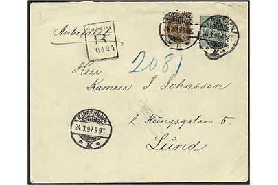 16 øre Tofarvet omv. ramme og 20 øre Våben på anbefalet brev fra Kjøbenhavn d. 24.3.1897 til Lund, Sverige.