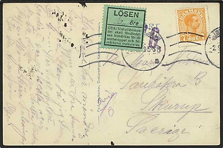 7 øre Chr. X single på underfrankeret brevkort fra Kjøbenhavn d. 2.9.1919 til Skurup, Sverige. Violet portstempel og svensk Lösen etiket.