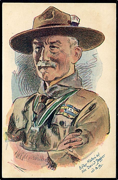 Robert Baden Powell. Efter maleri af Mr. David Jagger ved Axel Mathiesen. Det danske Spejderkorps u/no. Kvalitet 8