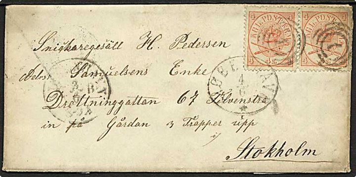 4 sk. Krone/Scepter (2) på brev annulleret med nr.stempel 1 fra Kjøbenhavn d. 3.6.1867 til Stockholm, Sverige.