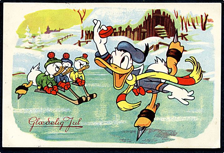 Walt Disney: I. Chr. Olsen u/no. Anders And og Ungerne på skøjter. Julekort. Kvalitet 8
