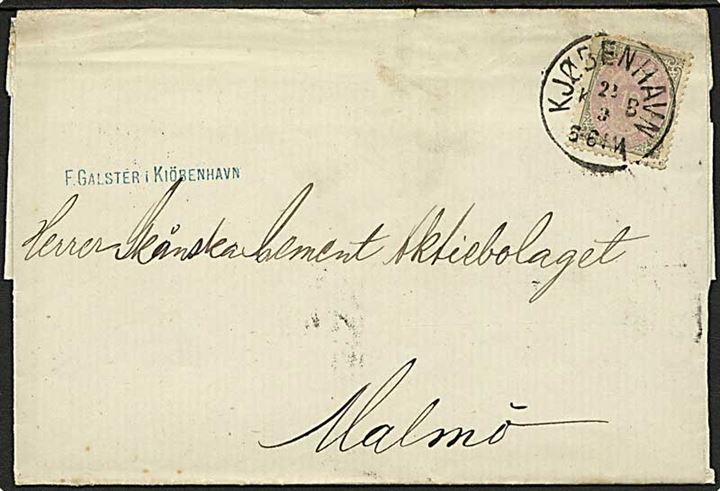 12 øre Tofarvet på brev fra Kjøbenhavn d. 22.3.1881 til Malmö, Sverige.   