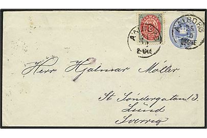 4 øre helsagskuvert opfrankeret med 8 øre Tofarvet fra Aalborg d. 28.10.1886 til Lund, Sverige.