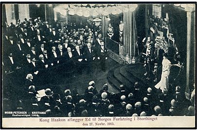 Norge. Kong Haakon aflægger ed til Norges forfatning i Stortinget d. 27. Nov. 1905. H. Abel u/no.