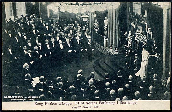 Norge. Kong Haakon aflægger ed til Norges forfatning i Stortinget d. 27. Nov. 1905. H. Abel u/no.
