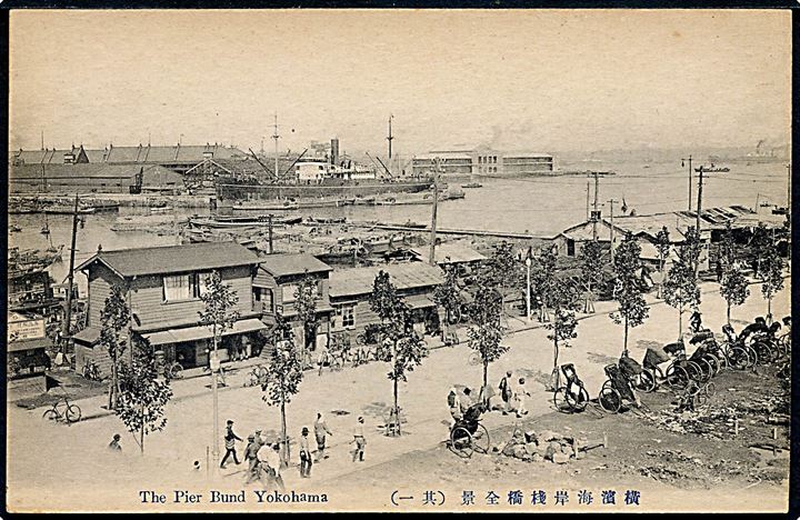Japan, Yokohama. The Pier Bund, med dampskibet Rokko Maru i baggrunden. U/no.