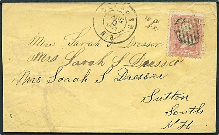3 cents Washington på brev annulleret med rist-stempel og sidestemplet Concord N.H. d. 2.8.1862 til Sutton South, N.H.