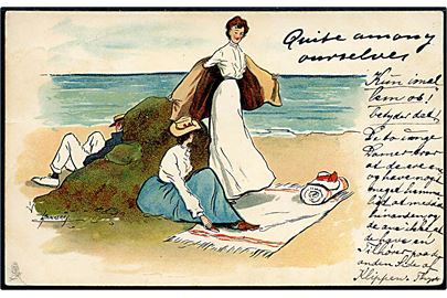 L. THACKERAY: QUITE AMONG OURSELVES girls begin to undress on seashore oblivious of man behind rock. Tuck no. 872.