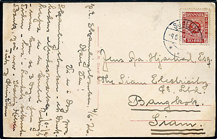 20 øre Frimærke Jubilæum på brevkort fra Skamlingsbanken annulleret Sjølund d. 4.6.1926 til Bangkok, Siam.