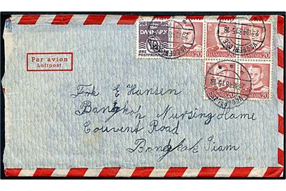 10 øre Bølgelinie og 20 øre Fr. IX (5) på 110 øre frankeret luftpostbrev fra Væggerløse d. 23.10.1948 til Bangkok, Siam. Ank.stemplet d. 29.10.1948.