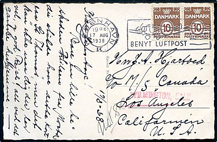 10 øre Bølgelinie i parstykke på brevkort fra København d. 17.8.1938 til M/S Canada, Los Angeles, USA - eftersendt til Wilmington.