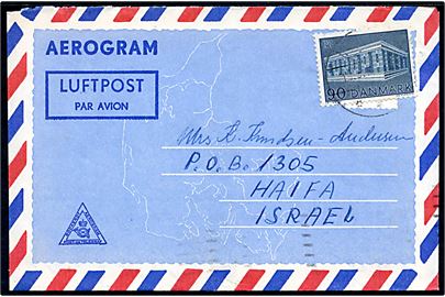 90 øre Europa udg. single på privat aerogram annulleret med svagt stempel d. 19.3.1970 til Haifa, Israel.