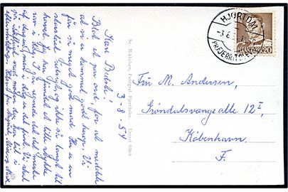 20 øre Fr. IX på brevkort (Sanden Bjerggaard, Slettestrand) annulleret med pr.-stempel Hjortdal pr. Fjerritslev d. 3.6.1954 til København.
