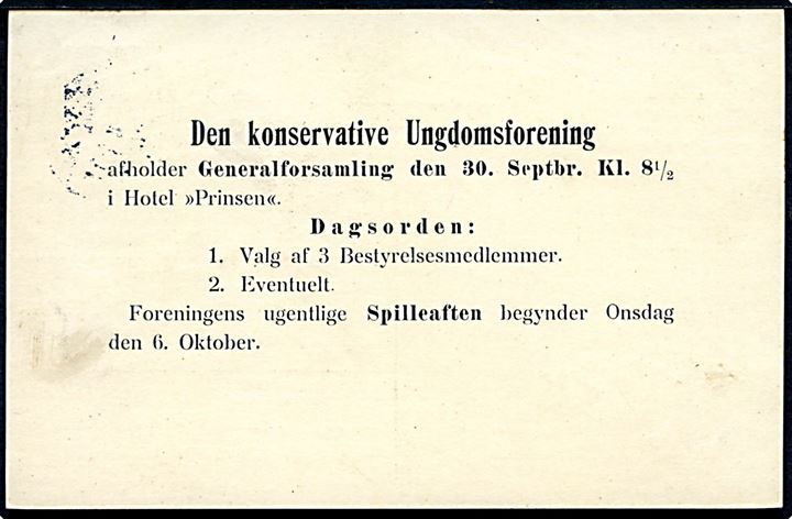 3 øre helsagsbrevkort sendt lokalt i Roskilde d. 29.9.1915. På bagsiden fortrykt meddelelse fra Den konservative Ungdomsforening.