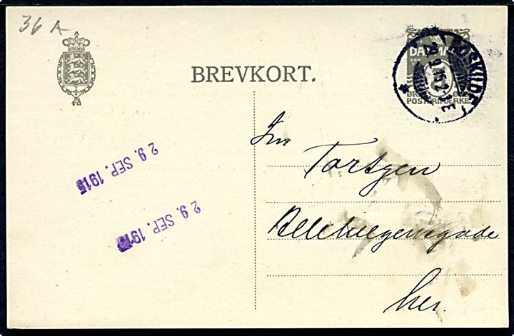 3 øre helsagsbrevkort sendt lokalt i Roskilde d. 29.9.1915. På bagsiden fortrykt meddelelse fra Den konservative Ungdomsforening.
