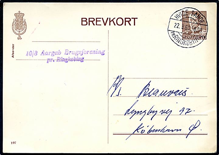 20 øre Fr. IX helsagsbrevkort (fabr. 197) annulleret med beskadiget pr.-stempel Hvide Sande pr. Ringkøbing d. 22.9.1960 til København.