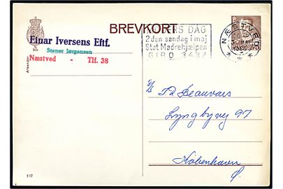 20 øre Fr. IX helsagsbrevkort (fabr. 197) annulleret med TMS MODERS DAG 2den søndag i maj Støt Mødrehjælpen GIRO 3432/Næstved *** d. 3.5.1960 til København.
