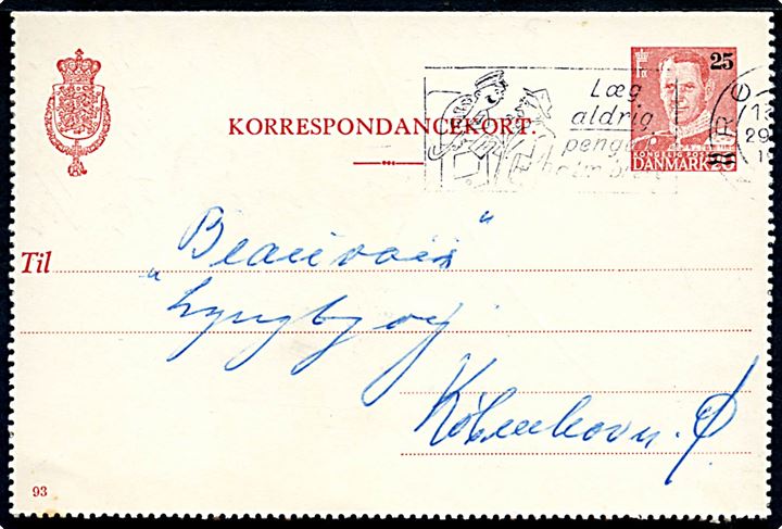 25/20 øre provisorisk helsagskorrespondancekort (fabr. 93) fra Rønne d. 29.?.1950 til København.