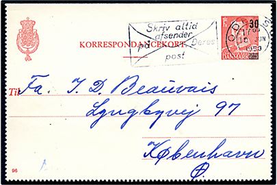 30/25 øre provisorisk helsagskorrespondancekort (fabr. 96) fra Odense d. 10.6.1953 til København.