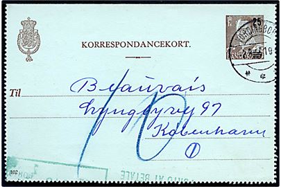 25/20 øre provisorisk helsagskorrespondancekort (fabr. 102) sendt underfrankeret fra Vordingborg d. 2.8.1956 til København. Udtakseret i porto med 10 øre grønt portomaskinstempel.