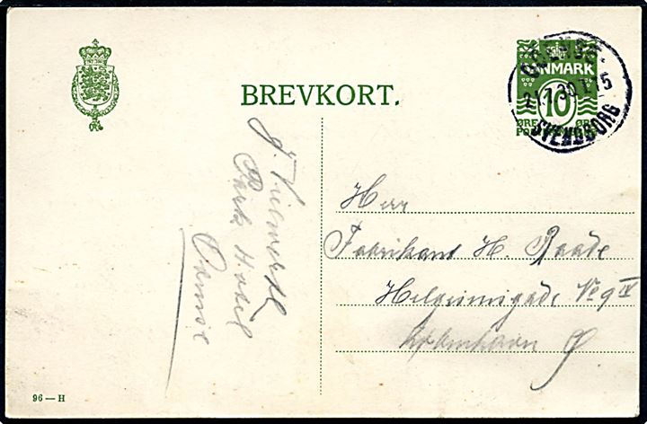 10 øre helsagsbrevkort (fabr. 96-H) fra Svendborg annulleret med bureaustempel Odense - Svendborg T.75 d. 21.7.1930 til København.