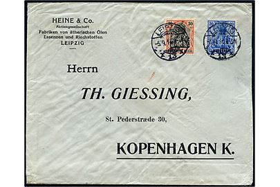 20 pfg. og 30 pfg. Germania med perfin H. & Co. på firmakuvert fra Heine & Co. sendt åben fra Leipzig d. 5.9.1914 til København, Danmark. Omsnørret med laksegl fra det kais. postamt i Leipzig.