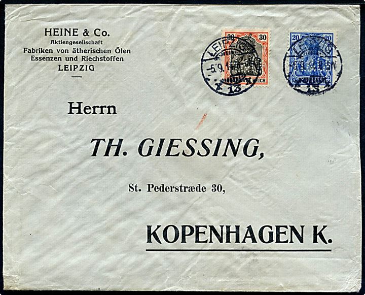 20 pfg. og 30 pfg. Germania med perfin H. & Co. på firmakuvert fra Heine & Co. sendt åben fra Leipzig d. 5.9.1914 til København, Danmark. Omsnørret med laksegl fra det kais. postamt i Leipzig.
