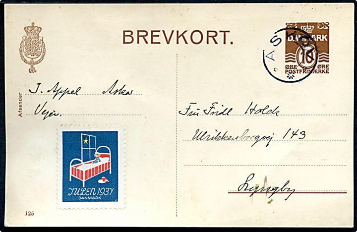 10 øre helsagsbrevkort (fabr. 125) dateret d. 21.12.1937 annulleret med udslebet stjernestempel ASKOV til Lyngby