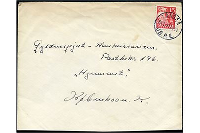 15 øre Karavel på brev annulleret med brotype IIIc Langaa JB.P.E. d. 28.2.1940 til København.