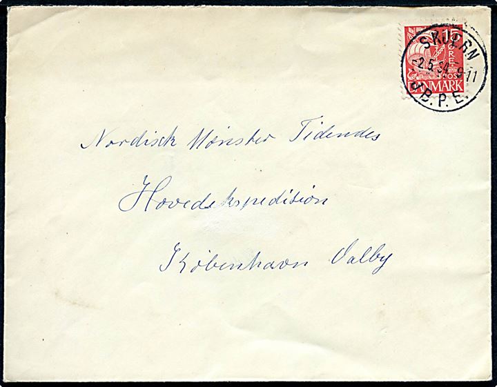 15 øre Karavel på brev annulleret med brotype IIIc Skjern JB.P.E. d. 2.5.1934 til København.
