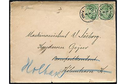 5 øre Våben i parstykke på brev annulleret med lapidar Vallø d. 8.6.1903 til Maskinassistent ombord på krydseren Gejser via Brevpostkontoret i København - eftersendt til skibets station i Holbæk.