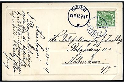 5 øre Chr. X på brevkort annulleret med stjernestempel ST.JØRGENSBJERG og sidestemplet Roskilde d. 28.11.1917 til København.