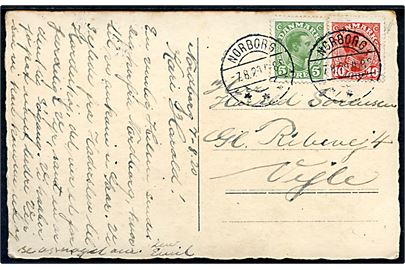 5 øre og 10 øre Chr. X på brevkort annulleret med brotype IIb Nørborg sn2 d. 7.8.1920 til Vejle.
