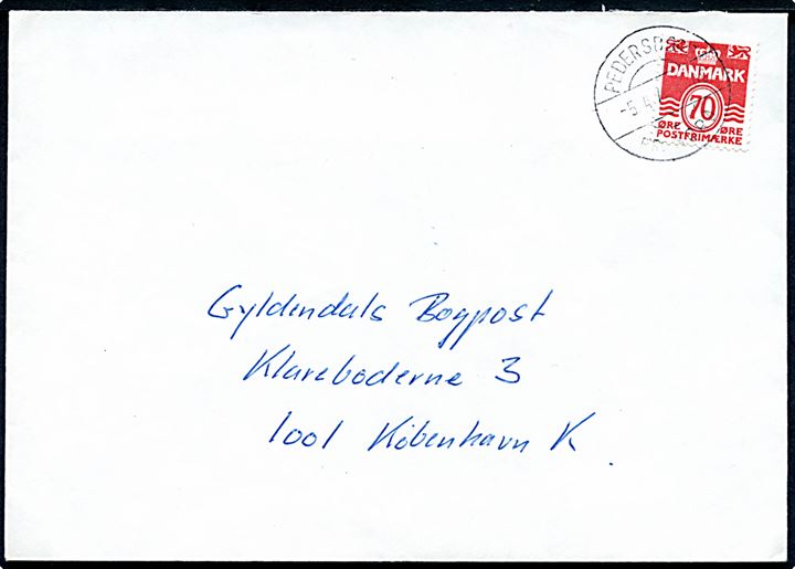 70 øre Bølgelinie på brev annulleret med pr.-stempel Pedersborg pr. Sorø d. 5.4.1974 til København.