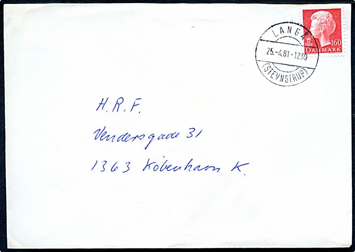 160 øre Margrethe på brev annulleret med parentes stempel Langå (Stevnstrup) d. 25.4.1981 til København.