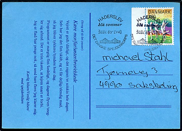 2,80 kr. Sport på fortrykt spejder postkort annulleret med særstempel Haderslev blå sommer Det danske Spejderkorps d. 30.7.1985 til Sakskøbing.