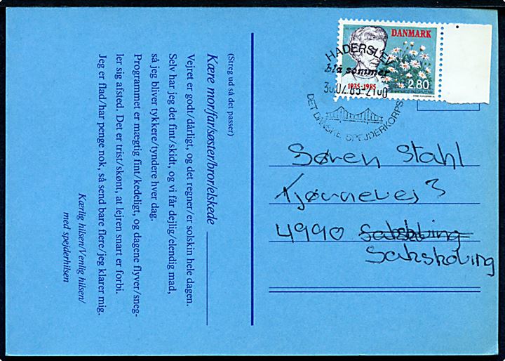 2,80 kr. Dr. Ingrid på fortrykt spejder postkort annulleret med særstempel Haderslev blå sommer Det danske Spejderkorps d. 30.7.1985 til Sakskøbing.
