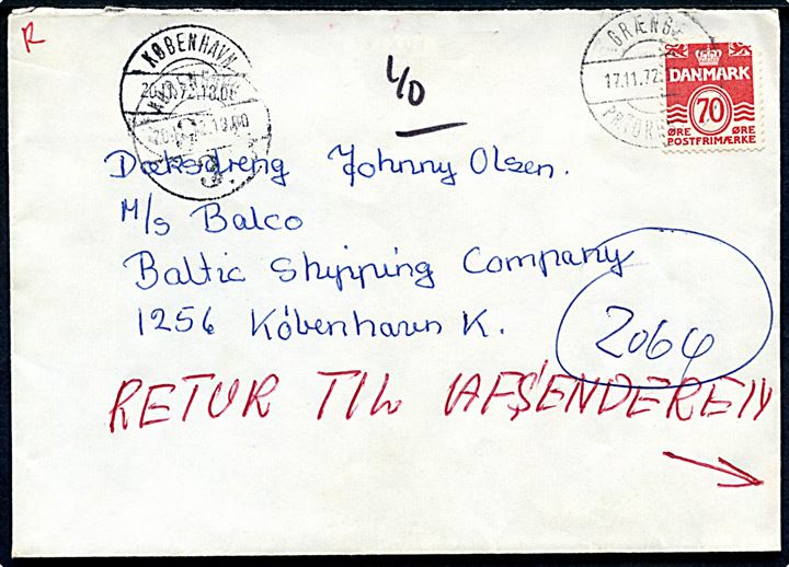 70 øre Bølgelinie på brev annulleret med pr.stempel Grænge pr. Toreby L. sn2 d. 17.11.1972 til dæksdreng ombord på M/S Balco via rederiet Baltic Shipping Company i København. Retur da modtageren er afmønstret.