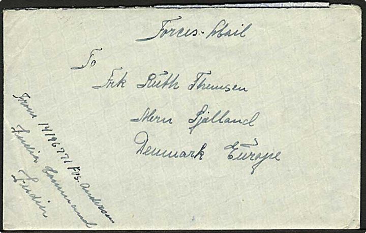 Ufrankeret britisk Forces-Mail brev med indhold fra dansk frivillig soldat ved Indian Command i Amritse d. 19.4.1947 til Mern, Danmark. På bagsiden stemplet Lahore Cantt. d. 21.4.1947. 