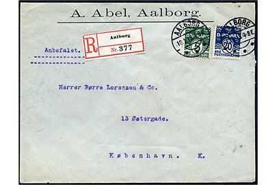 5 øre og 20 øre Bølgelinie på anbefalet brev fra Aalborg d. 10.1.1913 til København.