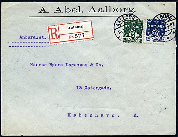 5 øre og 20 øre Bølgelinie på anbefalet brev fra Aalborg d. 10.1.1913 til København.