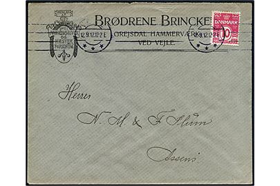 10 øre Bølgelinie på illustreret firmakuvert fra Brødrene Brincker, Grejsdal Hammerværk stemplet i Vejle d. 12.9.1912 til Assens.