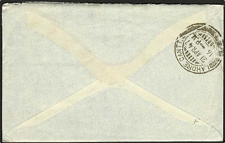 Ufrankeret britisk Forces-Mail brev med indhold fra dansk frivillig soldat ved Indian Command i Amritse d. 19.4.1947 til Mern, Danmark. På bagsiden stemplet Lahore Cantt. d. 21.4.1947. 