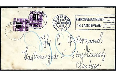 Ufrankeret brev fra Randers d. 10.12.1935 til Aarhus. Udtakseret i porto med 15/12 øre Porto-provisorium (2) stemplet Aarhus d. 11.12.1935. Bagklap mgl.