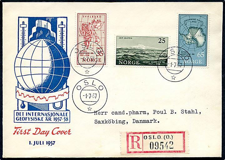 Komplet sæt Int. Geofysiske År på illustreret FDC sendt anbefalet fra Oslo d. 1.7.1957 til Sakskøbing, Danmark.